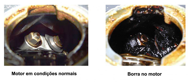 À esquerda, motor em condições normais; à direita, componentes do motor tomados por borra